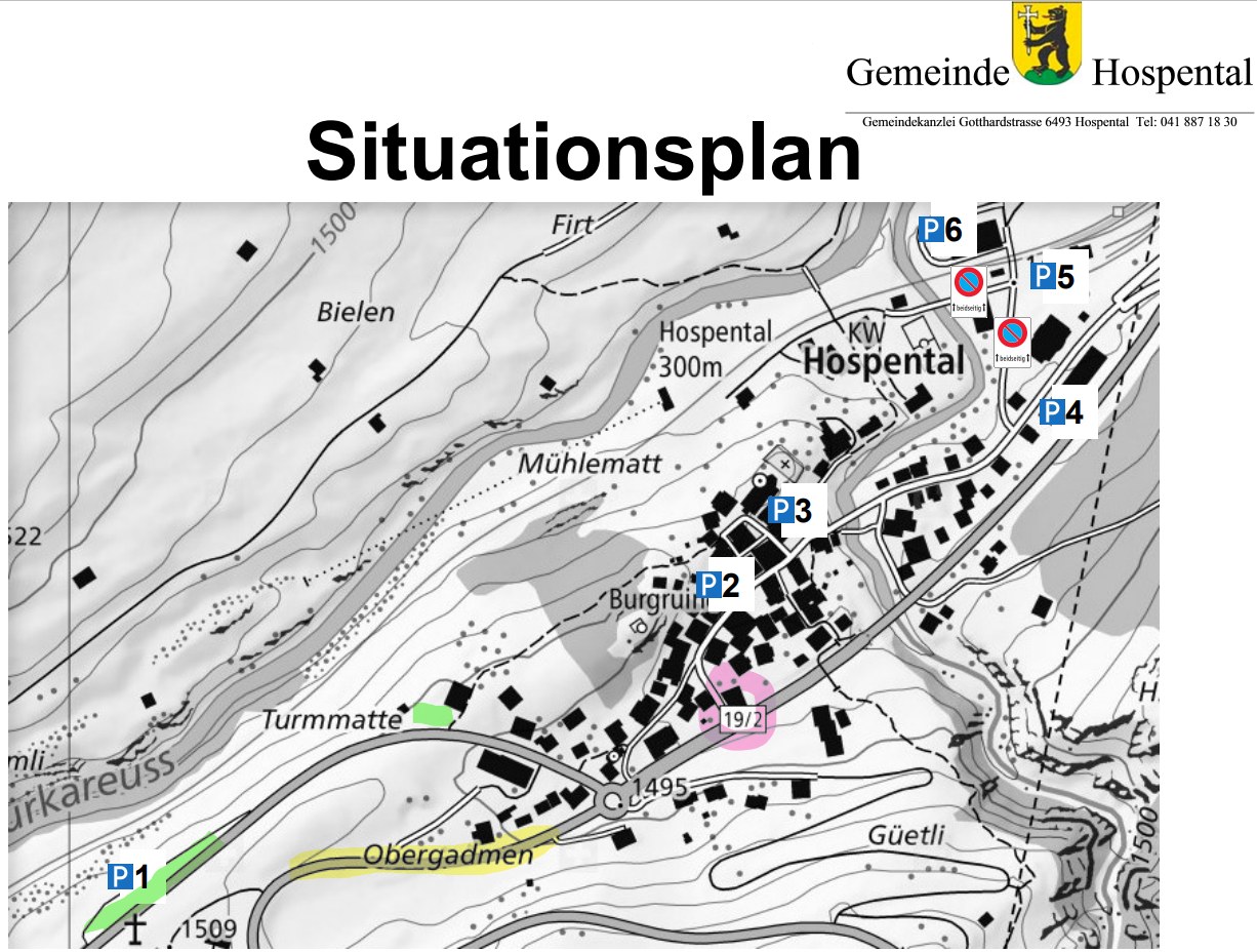Piano della situazione del comune di Hospental con i parcheggi da P1 a P6